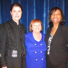 Jenner and Block attorney and Myra Bradwell re-enactor Rachel Morse (from left) with event chair Mary Petruchius and NIU Director of Alumni Events and Public Relations Melody Mitchell.