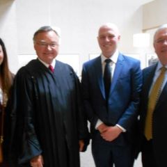 Justice Lloyd Karmeier with Admitee Mallory Fisk, Admittee Greg Motil and his father, Attorney Greg Motil