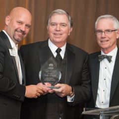 ISBA Past President Todd Smith (middle) is presented with the Illinois Bar Foundation's Distinguished Award of Excellence from IBF President Shawn Kasserman (left) and Gala Co-Chair Kevin Conway. 