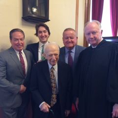 ISBA member Patrick Barry, his son, new admittee Colin Barry, former 3rd District Appellate Justice Tobias Barry, ISBA 2nd Vice President Judge Russell W. Hartigan and Illinois Supreme Court Justice Thomas Kilbride.
