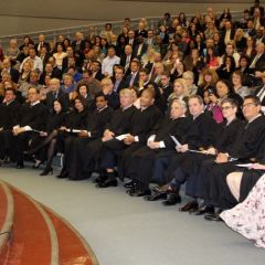 Thirteen new associate judges of the Circuit Court of Cook County prepare to be sworn in Monday, May 9, 2016, at an event held in the James R. Thompson Center. They are (from left to right): Sophia Atcherson, George L. Canellis, Jr., Vincenzo Chimera, Jean M. Cocozza, Geraldine A. D&rsquo;Souza, Mohammed M. Ghouse, Patrick J. Heneghan, Robert W. Johnson, James L. Kaplan, Marc W. Martin, Mary C. Marubio, Edward N. Robles, and Marita C. Sullivan. Chief Judge Timothy C. Evans administered the oaths of office.
