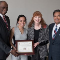 From left: Cook County Circuit Court Judge Leonard Murray, Norma Gomez, Lake County JusticeCorps Fellow, Judge Patricia Golden (Ret.), Chair of the Illinois JusticeCorps Steering Committee and Lake County Chief Judge Jorge Ortiz
