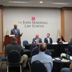 ISBA President Vincent Cornelius, James McCluskey, Mark Palmer, Katherine O&#39;Dell, and Umberto&nbsp;Davi speak to an audience of law students&nbsp;at ISBA Day at the John Marshall Law School.
