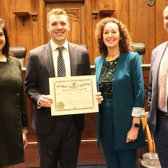 (2nd from left) New lawyer John Grosboll posed with his mom (center) Carolyn Taft Grosboll, Retired Clerk of the Supreme Court, who was a featured speaker during the morning ceremony. Illinois State Bar Association (ISBA) Board of Governors' Members Nargis Khokhar (left) and Mark Palmer (right), who is also the General Counsel of the Illinois Supreme Court's Commission on Professionalism, served as speakers for the Fourth Judicial District ceremonies. 