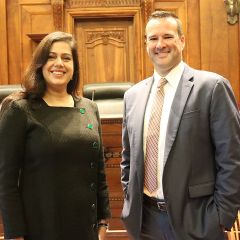 Illinois State Bar Association Board of Governors' Members Nargis Khokhar (left) and Mark Palmer were speakers for the Fourth Judicial District ceremonies. 