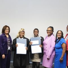 (L-R) CCBA President-Elect, Antonio C. Lee; ISBA Assistant Executive Director for Member Services, Ernest Barrens; CCBA Foundation President, Anne Fredd; 1st Place Essay Award Winner, Abria Cheers (Chicago Vocational Career Academy); 2nd Place Essay Award Winner, Torrey Page (Calumet Middle School); keynote speaker, Judge Toya Harvey; Judge Kenya Jenkins-Wright, Co-Chair; Lori Roper, Co-Chair; & CCBA Executive Director Cordelia Brown