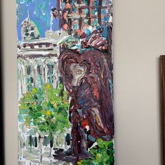 William Drew: "The attached original art masterpiece beauty of the famous and iconic Picasso in Chicago was coincidentally painted at the Daley Plaza in Chicago upon my leaving the court at the Daley Center one day in the past. The renowned ceramic artist Noel Skiba who specializes in colorful scenic works of Americana is the creator of my painting. After finishing my court hearing on this fine day, I started my descent from my assigned upper-level courtroom to this artist's vendor's booth that was in my pathway on this rainy spring weekday whereupon I began perusing her many varied American paintings done in ceramics on canvas."