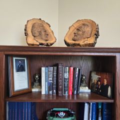 Hannah Lamore: "When I was an aspiring attorney, my late grandparents – Harold & Elaine Ryan – gifted me two carvings of Abraham Lincoln – one as a young man and the other as President – by Robert Fairbairn of Normal, IL, cut from an oak tree under which Abraham Lincoln gave a speech in Bloomington, IL. These carvings sit in my office above my Lincoln book collection. Practicing law in the presence of a tree Lincoln spoke under reminds me to be diligent, persevere and be honest like Abe."