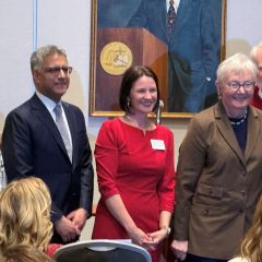 Justice Sanjay Tailor (2nd from left), ISBA President Bridget Duignan (center), and Justice Mary Jane Theis
