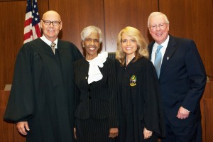 Chief Judge James F. Holderman of the United States District Court for the Northern District of Illinois, and Honorary Chairman of the Board of the Chicago Alumni Chapter, along with Chapter Justice Michele M. Jochner, welcome two members of the new initiate class: Hon. Arnette R. Hubbard of the Circuit Court of Cook County, and John G. O'Brien, president of the Illinois State Bar Association.  
