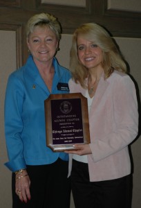Michele M. Jochner, Justice of the Chicago Alumni Chapter of Phi Alpha Delta Law Fraternity, accepts the Fraternity's 2009 "Outstanding Alumni Chapter" award on behalf of the Chicago Chapter from Rhonda Hill, Phi Alpha Delta Law Fraternity International Justice.   