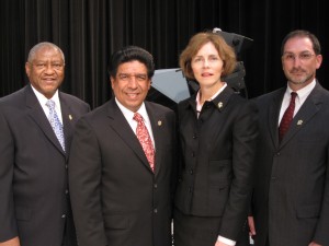 Appearing on the show are (from left) Circuit Judge Lewis M. Nixon, Circuit Judge Jesse G. Reyes, U.S. District Judge Rebecca R. Pallmeyer and Lake County Associate Judge Mitchell L. Hoffman.